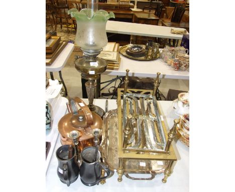 A brass oil lamp with tapering fluted column and green/opaque glass shade, 68cm high overall, two brass trivets, a copper ket