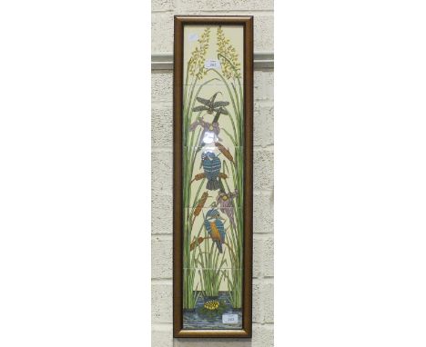 A set of five pictorial ceramic tiles depicting kingfishers, 76 x 15cm, framed.