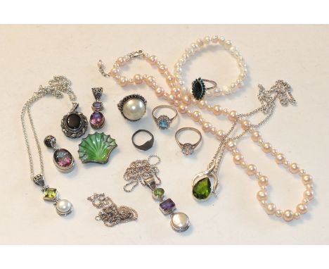 A silver-mounted peridot, amethyst and blister pearl pendant on chain, similar pendants on chains, silver-mounted rings, a st