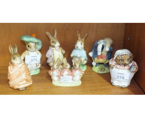 A collection of seven Beswick Beatrix Potter figures, including 'Benjamin Bunny (third version)', 'Poorly Peter Rabbit', 'Mr 