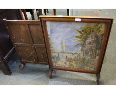 A firescreen with embroidered insert, and an oak firescreen&nbsp;