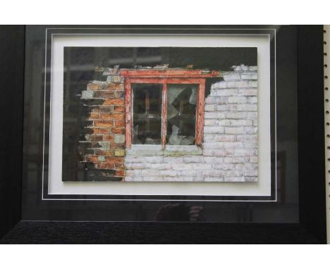 Corrien Tovey -&nbsp; A mixed media composition of a farmhouse window in gallery mount and frame, signed and inscribed on rea