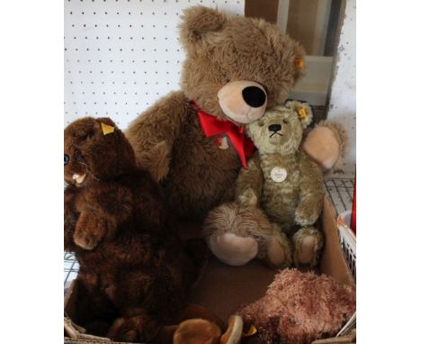 A selection of Steiff stuffed toys, to include beaver, deer and teddy bears, together with a Hamley's dog