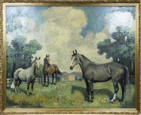 * MAUDE MARSHALL (SCOTTISH 1877 - 1967),IN THE PADDOCKoil on canvas, signed and dated 1957100cm x 125cmFramedNote: Maude Mars