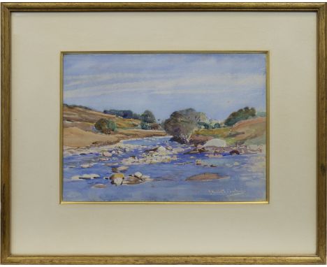 JAMES HAMILTON MACKENZIE (SCOTTISH 1875 - 1926), ROCKY STREAM ON CLEAR DAYwatercolour on paper, signed26cm x 36cmMounted, fra