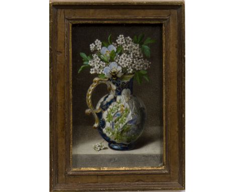 WILLIAM CRUIKSHANK (SCOTTISH/CANADIAN 1848 - 1922),STILL LIFE WITH CERAMIC AND FLOWERSoil on ivory, signed19cm x 12.5cmFramed