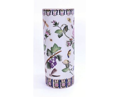 An early/mid 20th century Chinese stick stand of cylindrical form decorated with insects and flowering shrubs on a cream grou