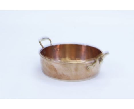 A late 19th century French copper preserving pan with two handles, d. 47 cm   CONDITION REPORT:  Width includes handles.overa