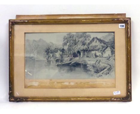 Follower of Edward Lear,Figures at a lakeside harbour,unsigned,pencil sketch,29.5 x 46.5 cm   CONDITION REPORT:  Some discolo