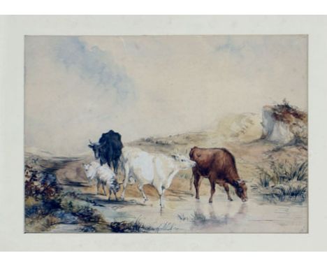 English School, 19th century,A study of cattle and sheep drinking at a stream,indistinctly signed,watercolour sketch,28.5 x 4