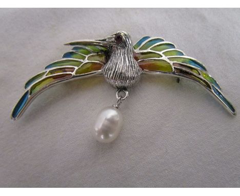 Silver &amp; champlevé enamel humming bird brooch