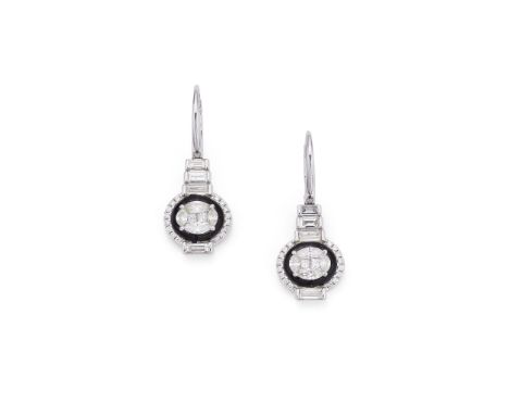 A PAIR OF DIAMOND AND ONYX EARRINGS Each designed as an oval cluster of marquise and princess-cut diamonds, within an onyx ci