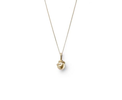 A CULTURED PEARL AND DIAMOND PENDANT The semi baroque cultured pearl of golden tint, encircled by a tapering line of brillian