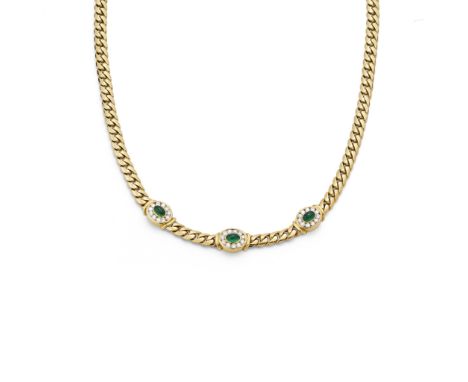 AN EMERALD AND DIAMOND-SET NECKLACE The curb-link chain, set to the front with three oval links, each centrally-set with an o