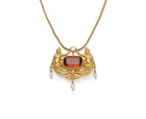 AN ITALIAN LATE 19TH CENTURY GEM-SET PENDANT/BROOCH AND CHAIN The cushion-shaped citrine in an ornate collet mount with ropet