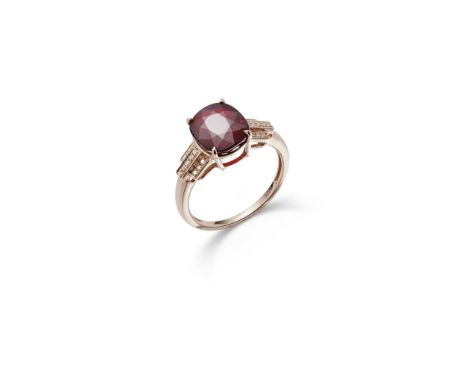 A RUBY AND DIAMOND RING The oval-cut ruby, weighing 3.08 carats, between tiered shoulders set with three lines of single-cut 