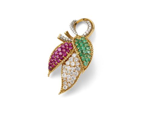 A RUBY, EMERALD AND DIAMOND BROOCH, BY KUTCHINSKY, 1961 Of stylised foliate design, the leaves pavé-set with circular-cut rub