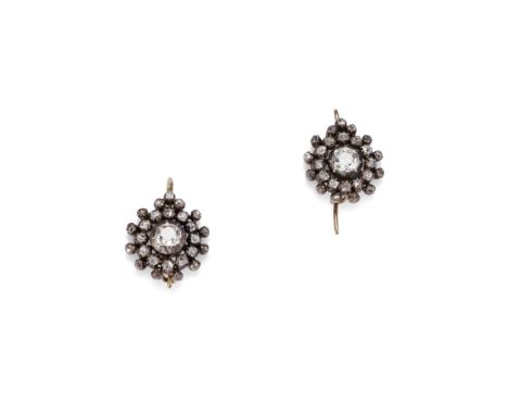 A PAIR OF MID 19TH CENTURY DIAMOND CLUSTER EARRINGS Each set with an old brilliant-cut diamond in a pinched collet setting, w