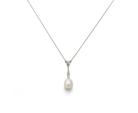 AN EARLY 20TH CENTURY NATURAL PEARL AND DIAMOND PENDANT The semi-baroque pearl drop, measuring 11.1-12.4 x approximately 18mm