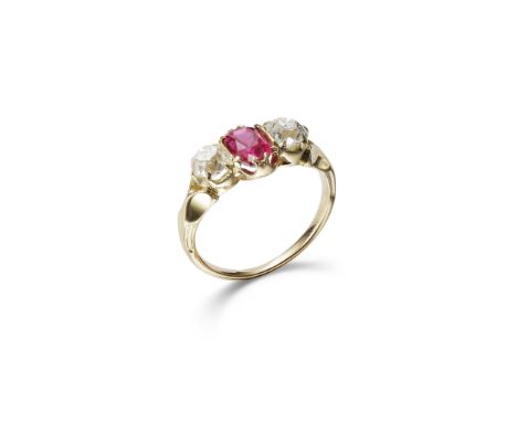 A RUBY AND DIAMOND THREE-STONE RING The oval-cut ruby, weighing 1.26 carats, between old cushion-shaped diamonds Accompanied 