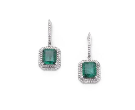 A PAIR OF EMERALD AND DIAMOND EARRINGS Each set with a cut-cornered step-cut emerald, weighing 4.02 and 4.27 carats respectiv