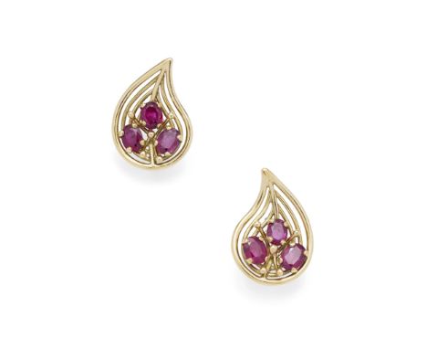 A PAIR OF RUBY EARRINGS, BY JOHN DONALD, 1992 Each designed as a curved 18ct gold wirework leaf, accented with a trio of oval