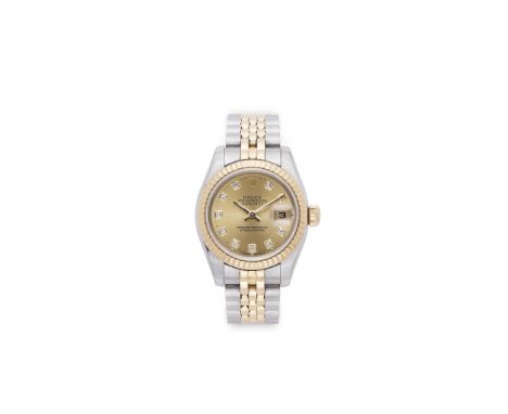 A LADY'S BI-METALLIC OYSTER PERPETUAL DATEJUST WRISTWATCH, BY ROLEX Datejust, ref. 179173, champagne dial, diamond-set indica