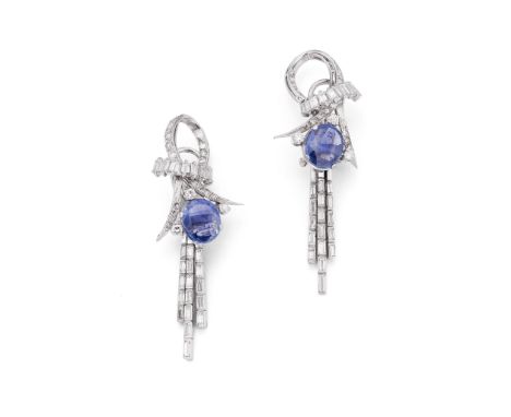 A PAIR OF SAPPHIRE AND DIAMOND PENDANT EARRINGS Each centrally-set with an oval-cut sapphire, weighing 3.00 and 3.29 carats r