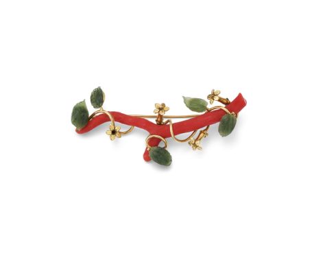 Y A NEPHRITE AND CORAL BRANCH BROOCH, BY JOHN DONALD, 1980 The coral branch, corallium rubrum, wrapped with 18ct gold wire, d