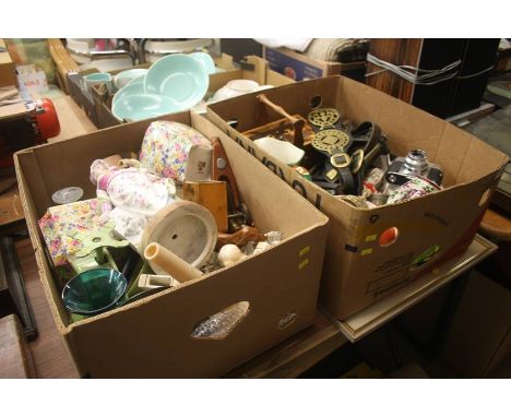 Two boxes of assorted, including brass, scales and camera etc.