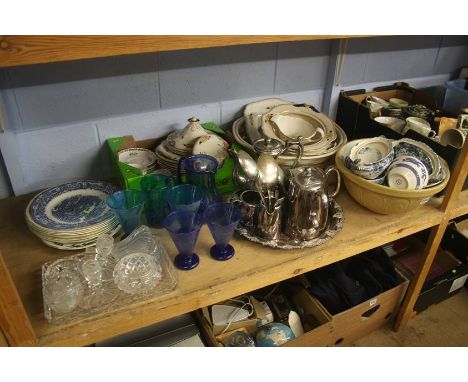 A shelf of assorted, including silver plate etc.