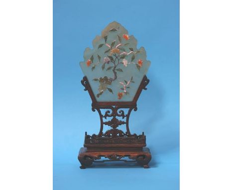 A Chinese, jade table screen, on carved hardwood stand