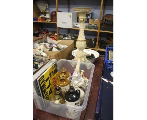 A box of assorted, including two enamel bowls, plant stand etc.