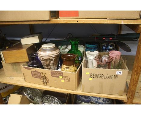 A shelf of assorted, including, glassware, pottery, fishing rods etc.