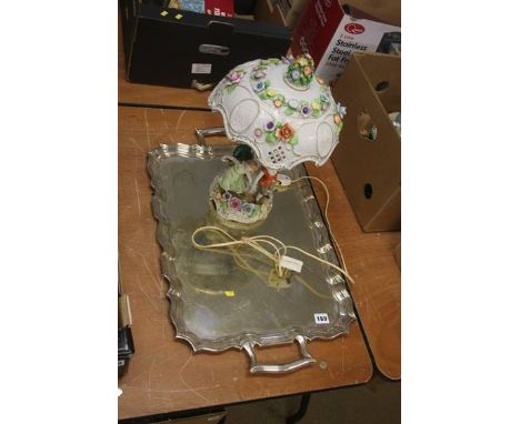 A plated tray and a porcelain lamp