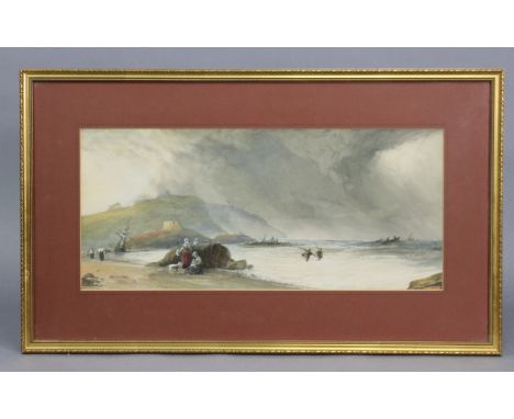 Attributed to HARRY JOHN JOHNSON, R. I. (1826-1884).  A coastal landscape with figures &amp; beached vessels to the fore; sig
