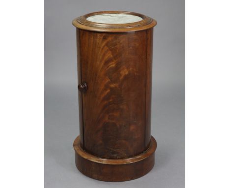 A Victorian figured mahogany cylindrical pedestal cupboard, inset marble top, with one shelf enclosed by panel door, &amp; on