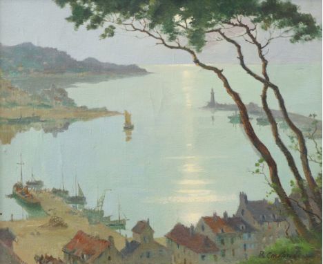 RENE EMILE CHARLES COULON (1882-?) A tranquil harbour scene from an elevated viewpoint, Signed “R. Coulon” lower right; Oil o