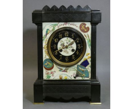 A Victorian aesthetic style mantel clock in black slate case, the ceramic face painted in coloured enamels with birds &amp; f