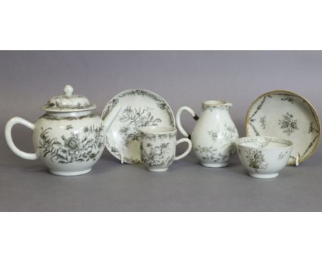 An 18th century Chinese Jesuit ware round teapot painting en-grisaille with exotic flowers (tip of spout missing, cover chipp