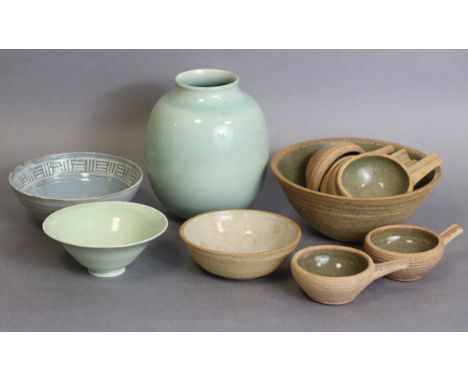 A St. Ives (Leach Pottery) stoneware 7¾” deep bowl with celadon glazed interior, &amp; six ditto small cups with strutt handl