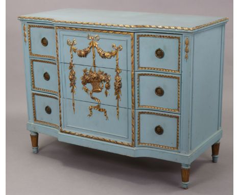 A Louis XV style blue painted break-front commode, fitted three drawers with gilt metal wreath handles, applied gilt gesso sw