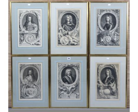 A SET OF SIX BLACK-&amp;-WHITE PORTRAIT ENGRAVINGS; three engraved by J. Houbraken after Sir Godfrey Kneller: “King George I”