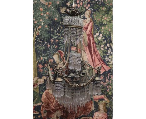 A gilt metal ceiling light of square form, hung with glass beads &amp; prism drops, approx. 29” high x 14” wide.