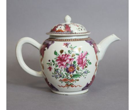 A late 18th century Chinese porcelain round teapot painted with flowers in famille rose enamels, within puce diaper &amp; pin