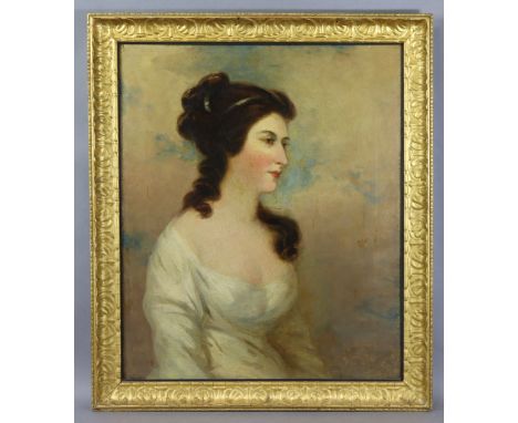 ENGLISH SCHOOL, 19th century. Portrait of a lady, half-length, wearing white dress; Oil on canvas: 30” x 25”, in gilt foliate