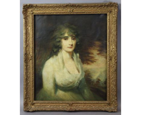 After SIR HENRY RAEBURN (1756-1823) Half-length portrait of Mrs W. H. Lauzun, Oil on canvas: 25” x 30” (w.a.f.).