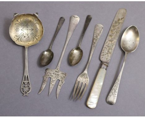 A Victorian silver engraved Christening set of knife (with mother-o’-pearl handle), fork, &amp; spoon; Sheffield 1895; a stra