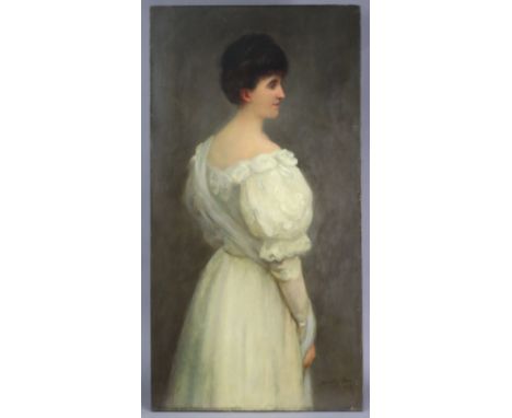 JOHN SHIRLEY FOX (1860-1939). Portrait of a lady standing, three-quarter length, wearing white lace dress; signed &amp; dated