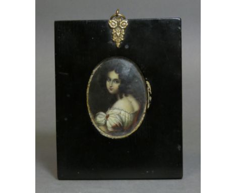 CONTINENTAL SCHOOL, mid-19th century. A half-length portrait miniature of a young woman wearing a white dress with a red sash